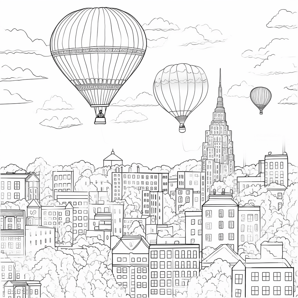 Heißluftballon erkundet die Stadt von oben Ausmalbild und Malvorlage