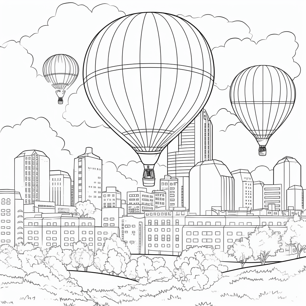 Heißluftballon hat einen Blick auf die Stadt Ausmalbild und Malvorlage