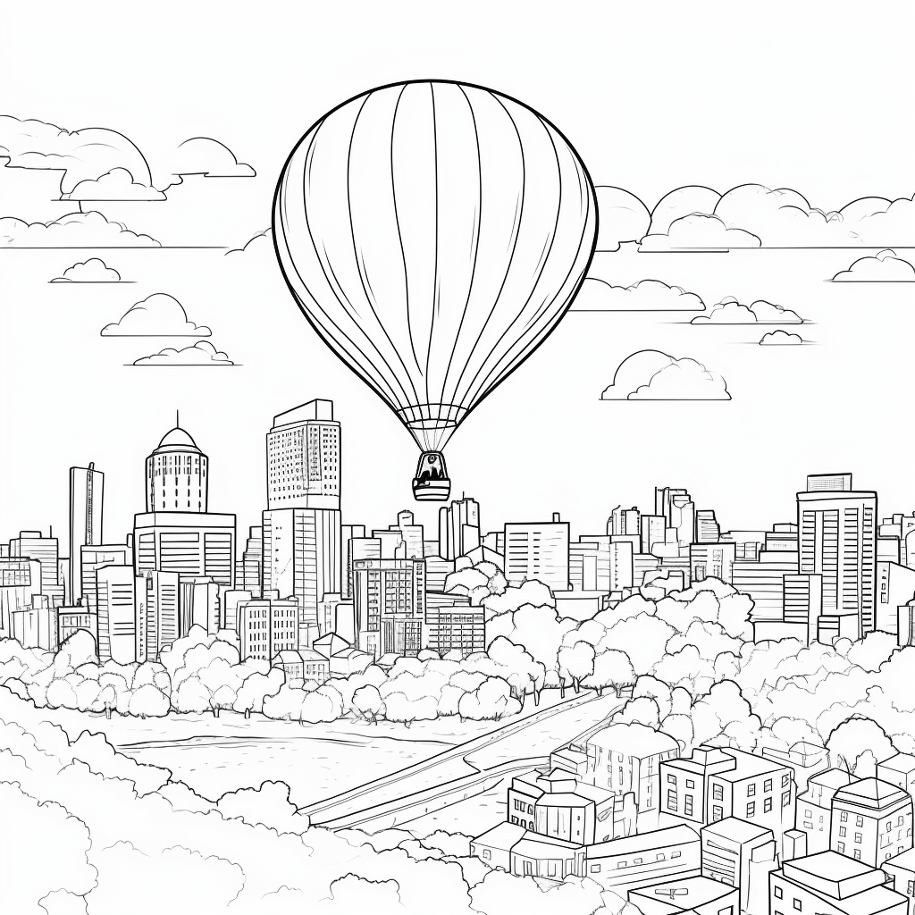 Heißluftballon ist ein Teil der Skyline der Stadt Ausmalbild und Malvorlage