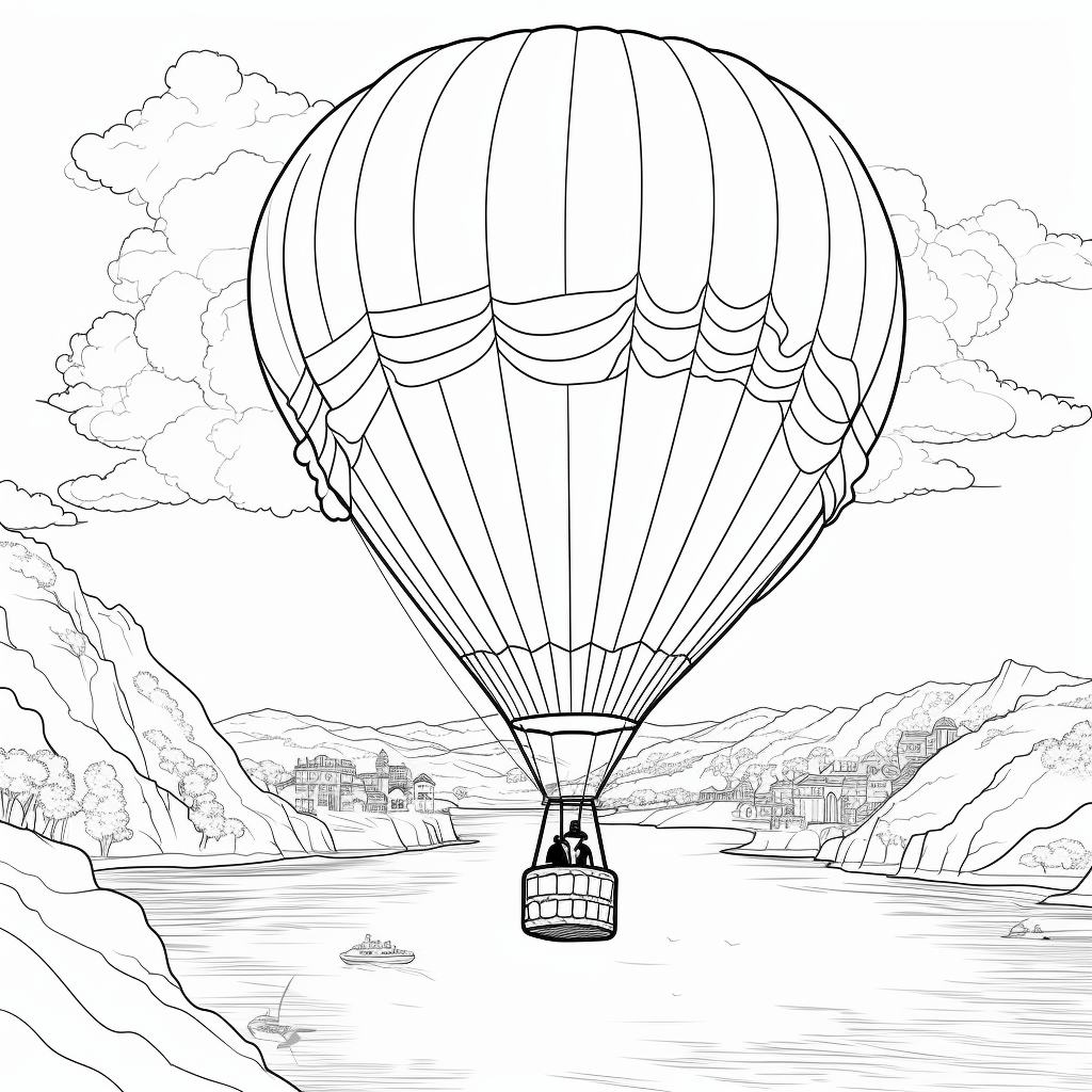 Heißluftballon sieht die Wellen des Meeres Ausmalbild und Malvorlage