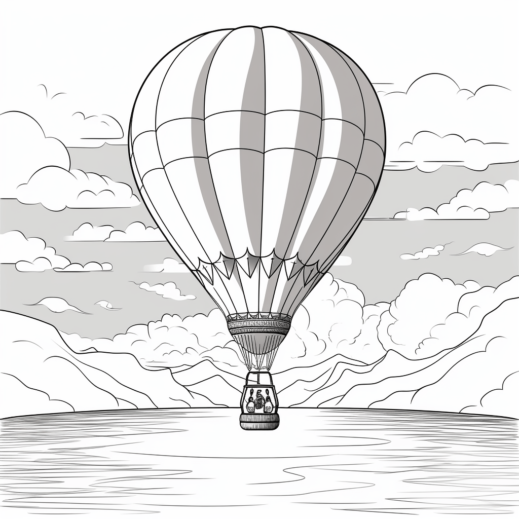 Heißluftballon spiegelt sich im Meer Ausmalbild und Malvorlage