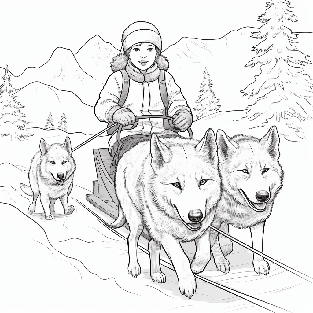 Hunde ziehen Schlitten Ausmalbild und Malvorlage