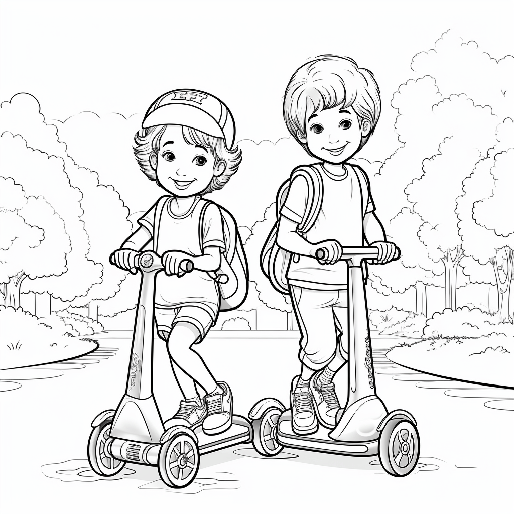 Kinder auf Roller im Park Ausmalbild und Malvorlage