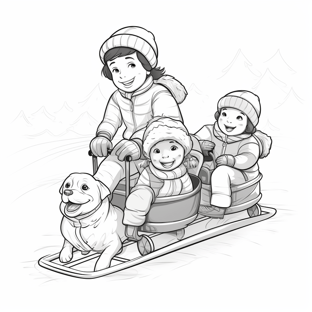 Kinder lachen auf Schlitten Ausmalbild und Malvorlage