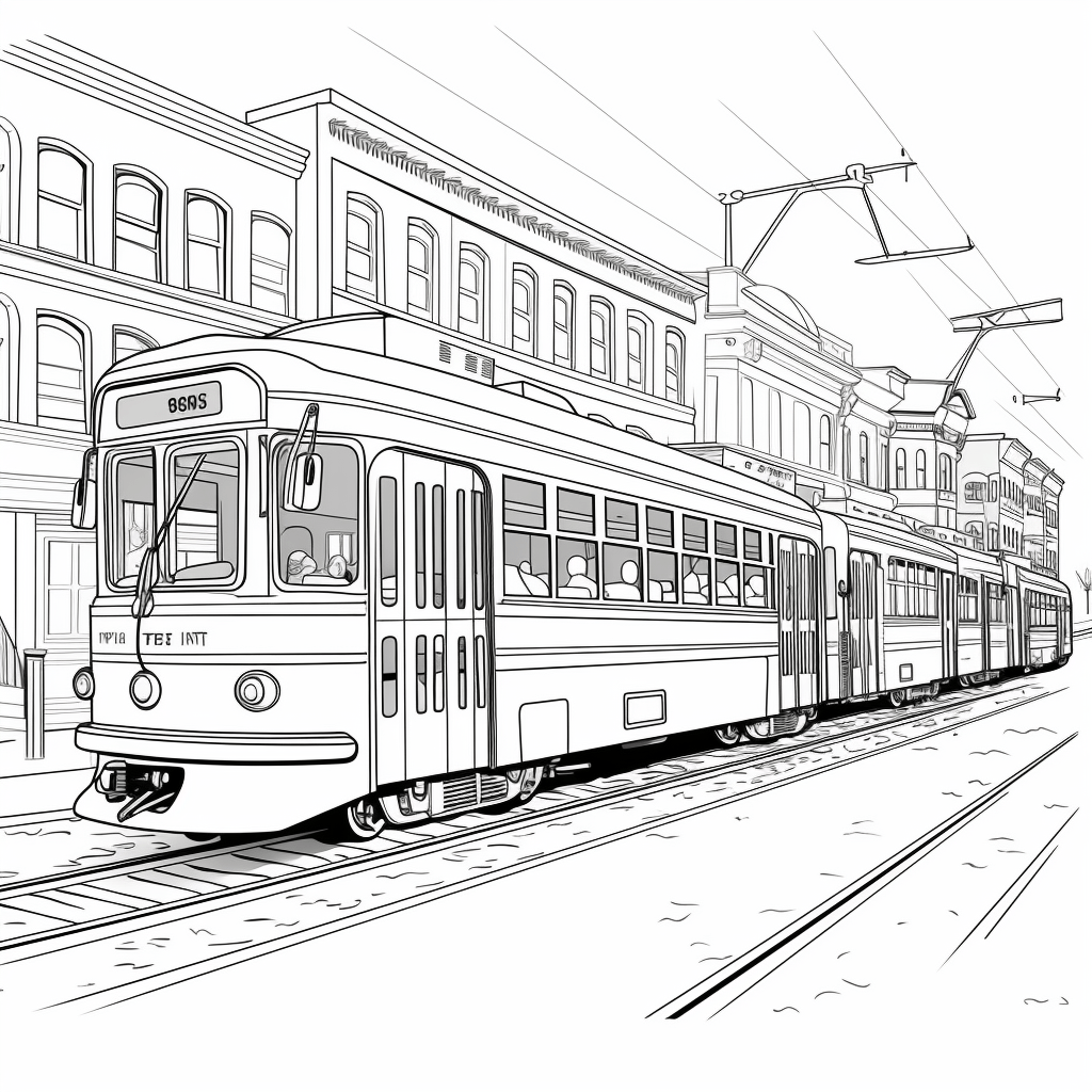 Lange Straßenbahn mit vielen Kabinen Ausmalbild und Malvorlage