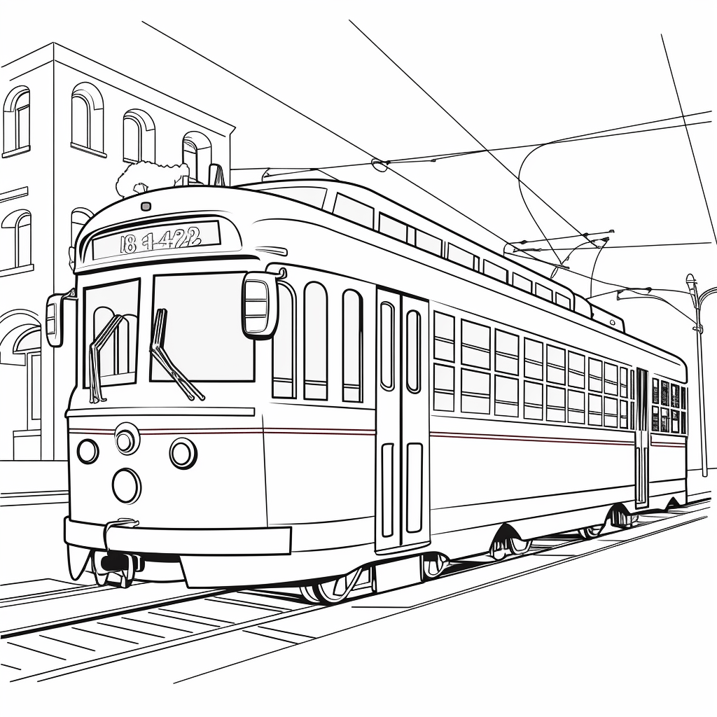 Rote Straßenbahn mit Stromabnehmer Ausmalbild und Malvorlage