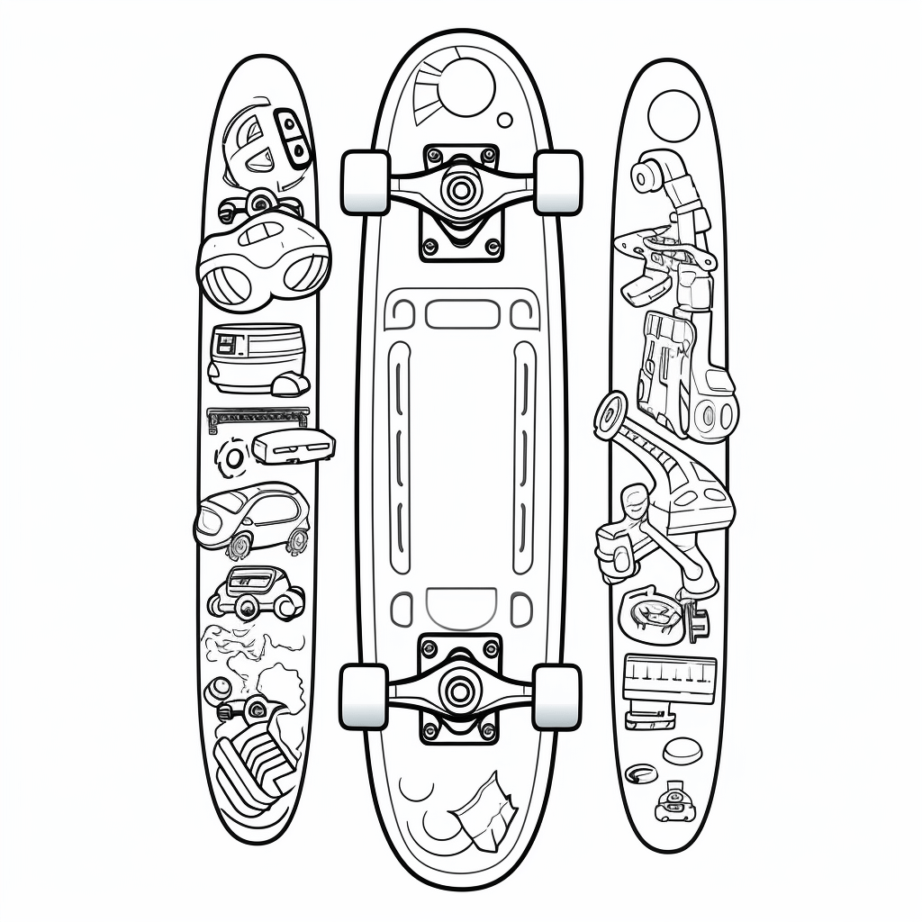 Skateboard hat bunte Aufkleber Ausmalbild und Malvorlage