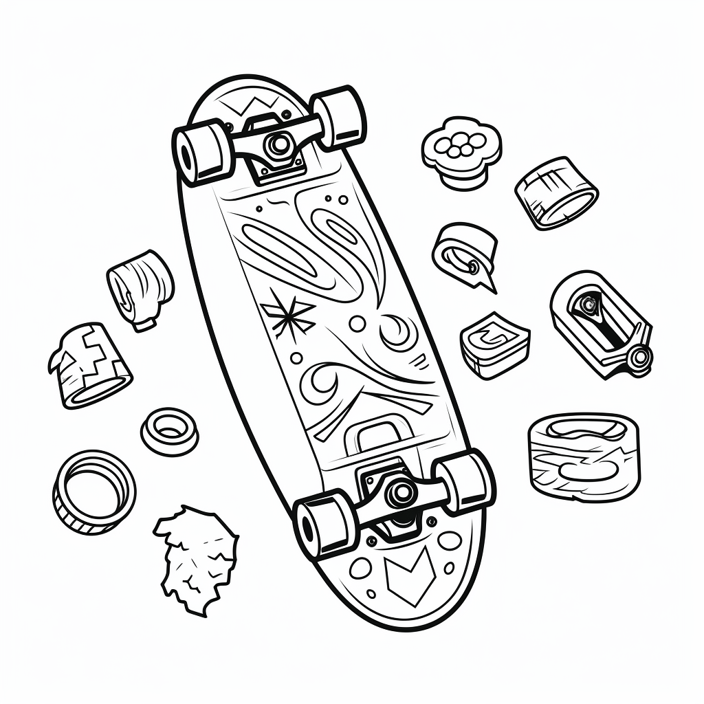 Skateboard schmückt sich mit Aufklebern Ausmalbild und Malvorlage
