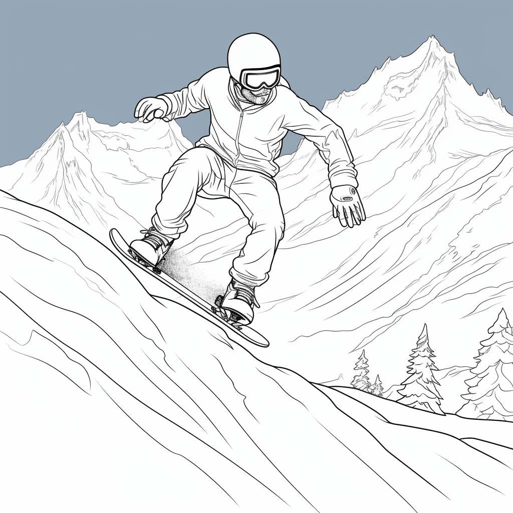 Snowboarder auf schneebedecktem Berg Ausmalbild und Malvorlage