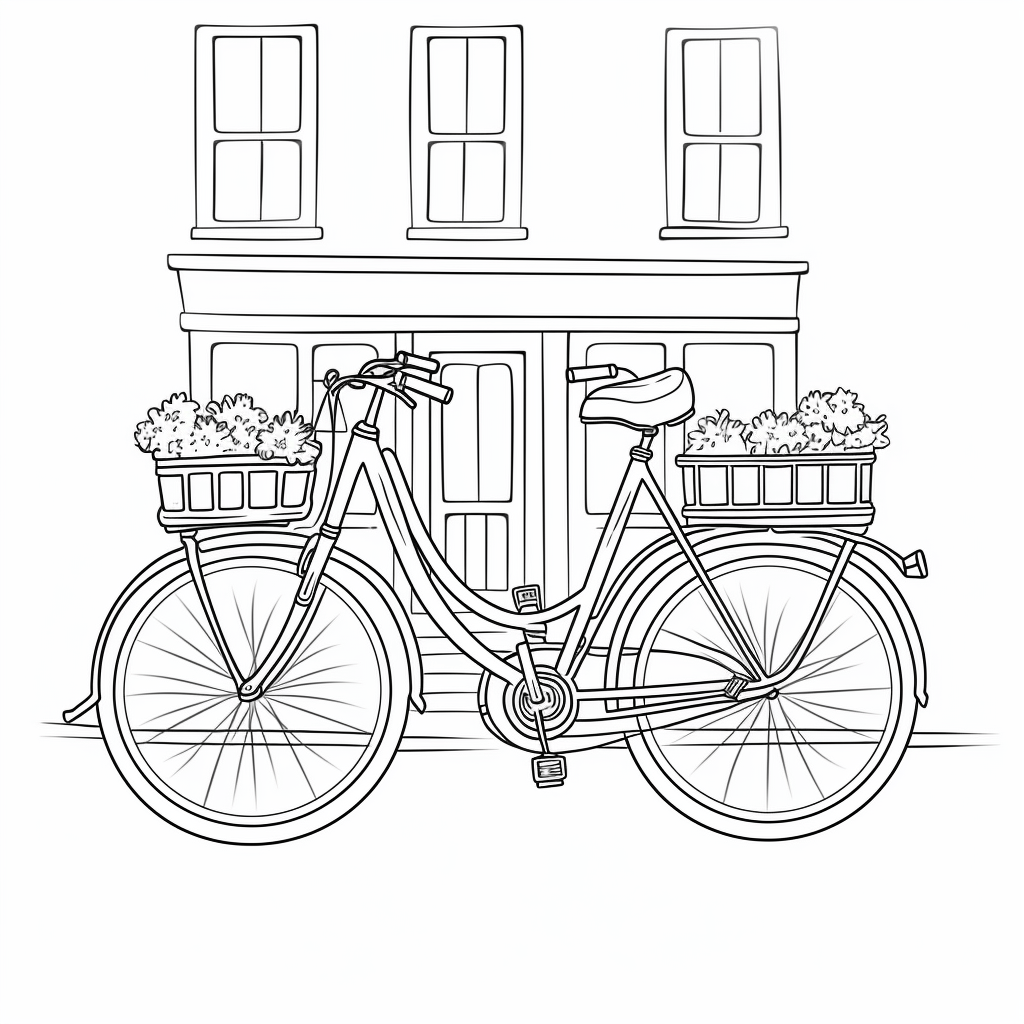 Tandemfahrrad zwischen Gebäuden Ausmalbild und Malvorlage