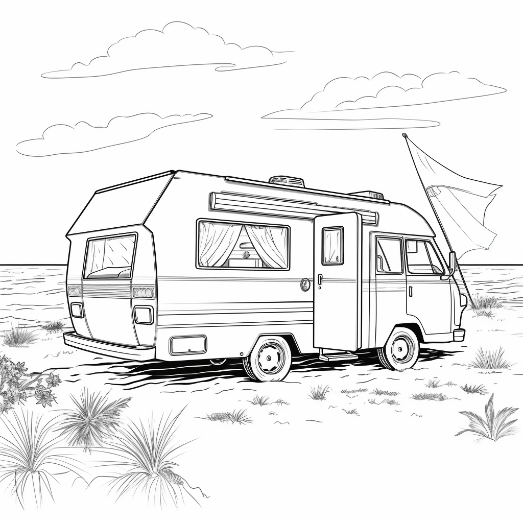 Wohnmobil am Sandstrand Ausmalbild und Malvorlage