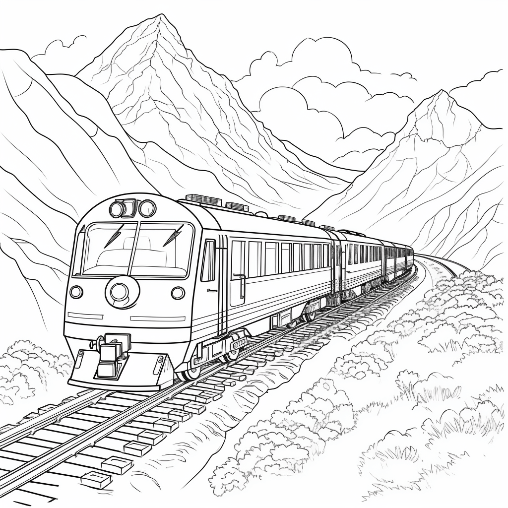 Zug fährt durch Berge Ausmalbild und Malvorlage